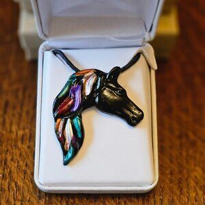 Vtg. 90's Hand Painted Black Horse Pendant 20"